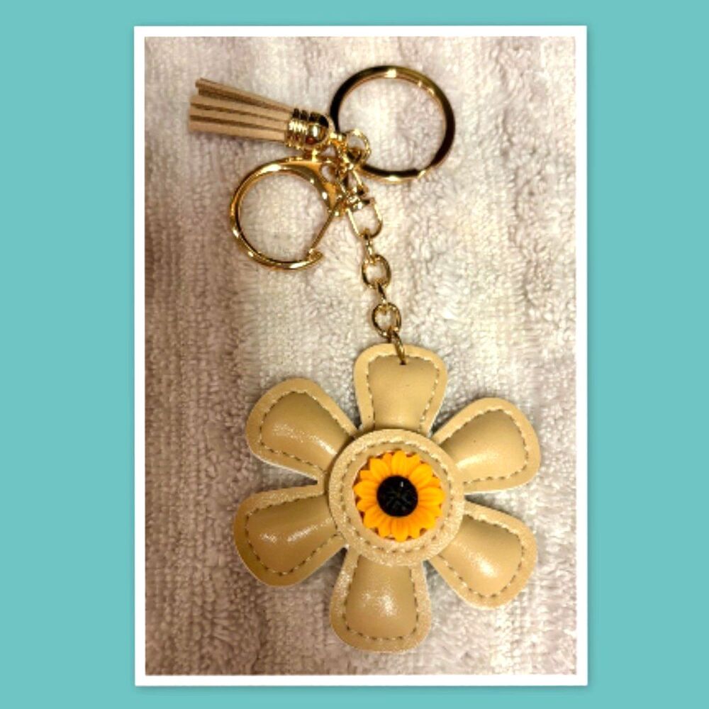 Cute Faux Leather Sunflower Keychain with Tassel  ~ Bag Hang Tag ~Tan